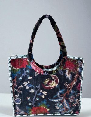 Velvet Scoop Handle Tote Merlot Floral On Black
