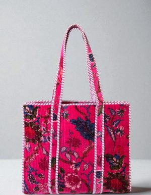 Velvet Traditional Tote Merlot Floral On Pink