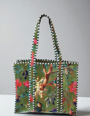 Velvet Traditional Tote Birds Of Paradise On Green