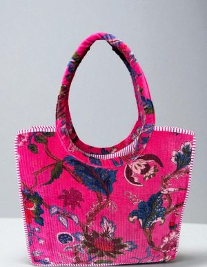 Velvet Scoop Handle Tote Merlot Floral On Pink