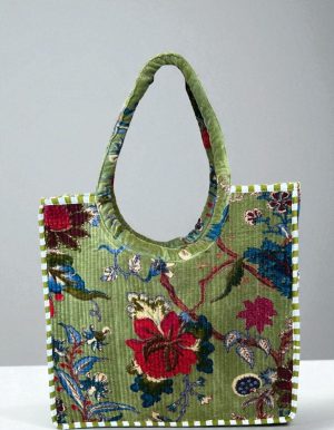 Velvet Scoop Handle Tote Merlot Floral On Green
